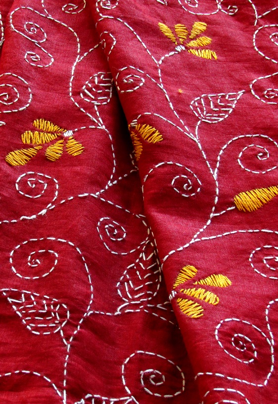 Red Floral Kantha Blouse Fabric